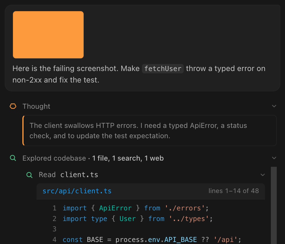 Chat transcript: a user turn with an attached image and inline code, the model's thought, and a read_file step rendered as a numbered, syntax-highlighted listing with a clickable file header