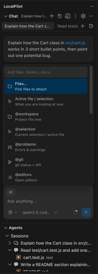 The @ context menu: Files, Active file / selection, @workspace, @selection, @problems, @git, @editors