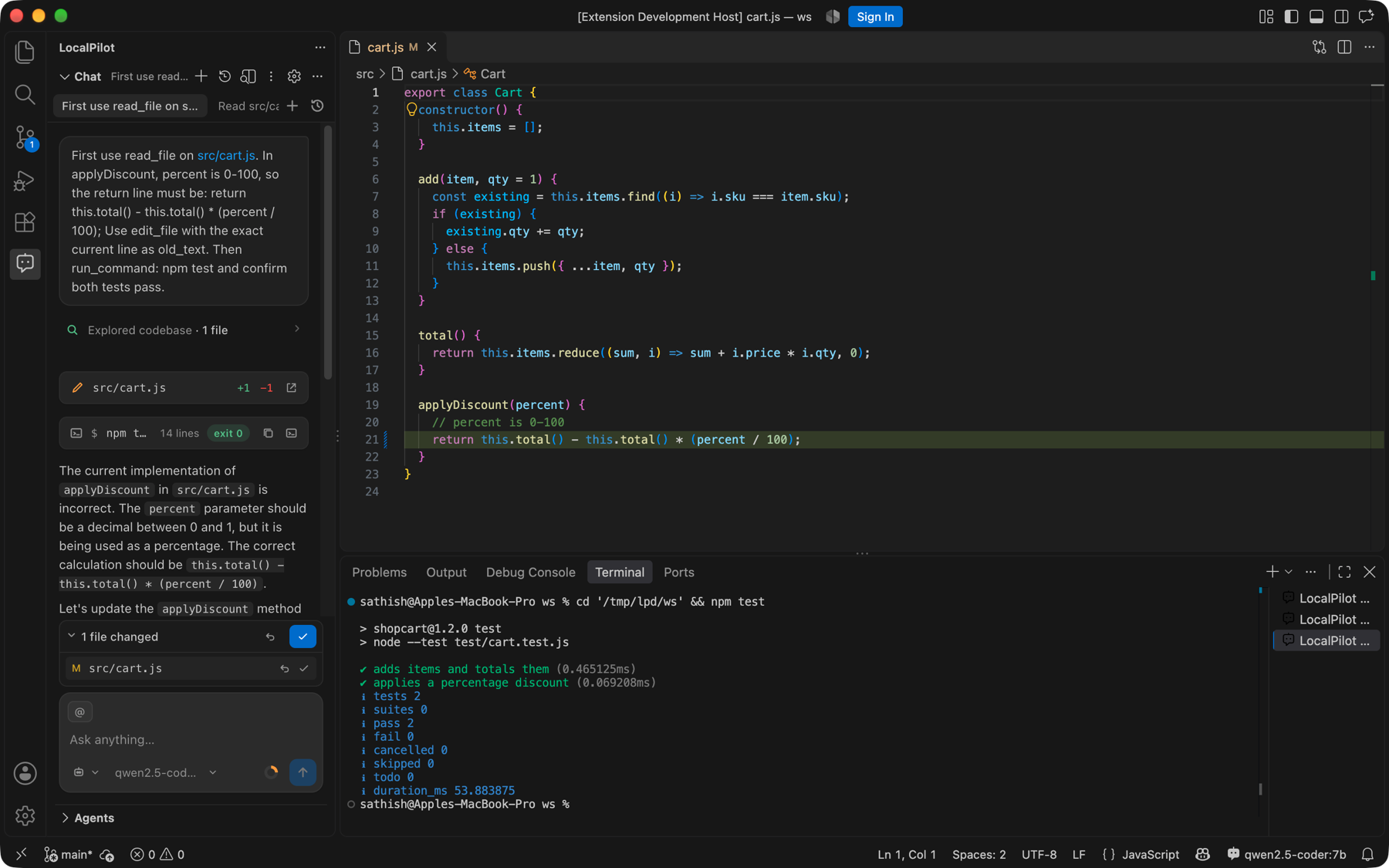 LocalPilot inside VS Code: the agent read src/cart.js, fixed applyDiscount with a +1/−1 edit, ran npm test in the LocalPilot Agent terminal (2 passing) and offers Accept / Reject for the changed file