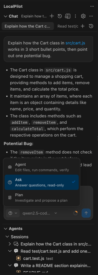 Mode picker: Agent (edit files, run commands, verify), Ask (read-only), Plan (investigate and propose a plan)