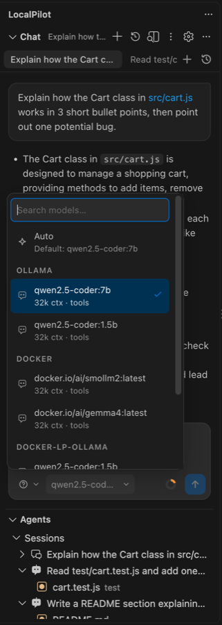 Model picker grouped by provider: Ollama, Docker, Docker Ollama container, each model with context size and tools badge