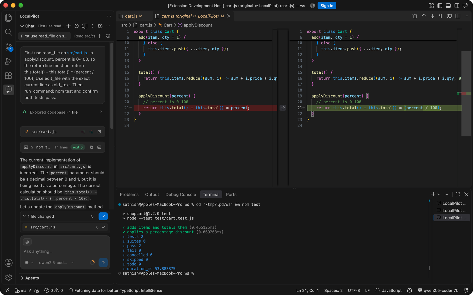 Side-by-side diff of the agent's edit to cart.js opened from the Changes panel, with Accept and Reject per file