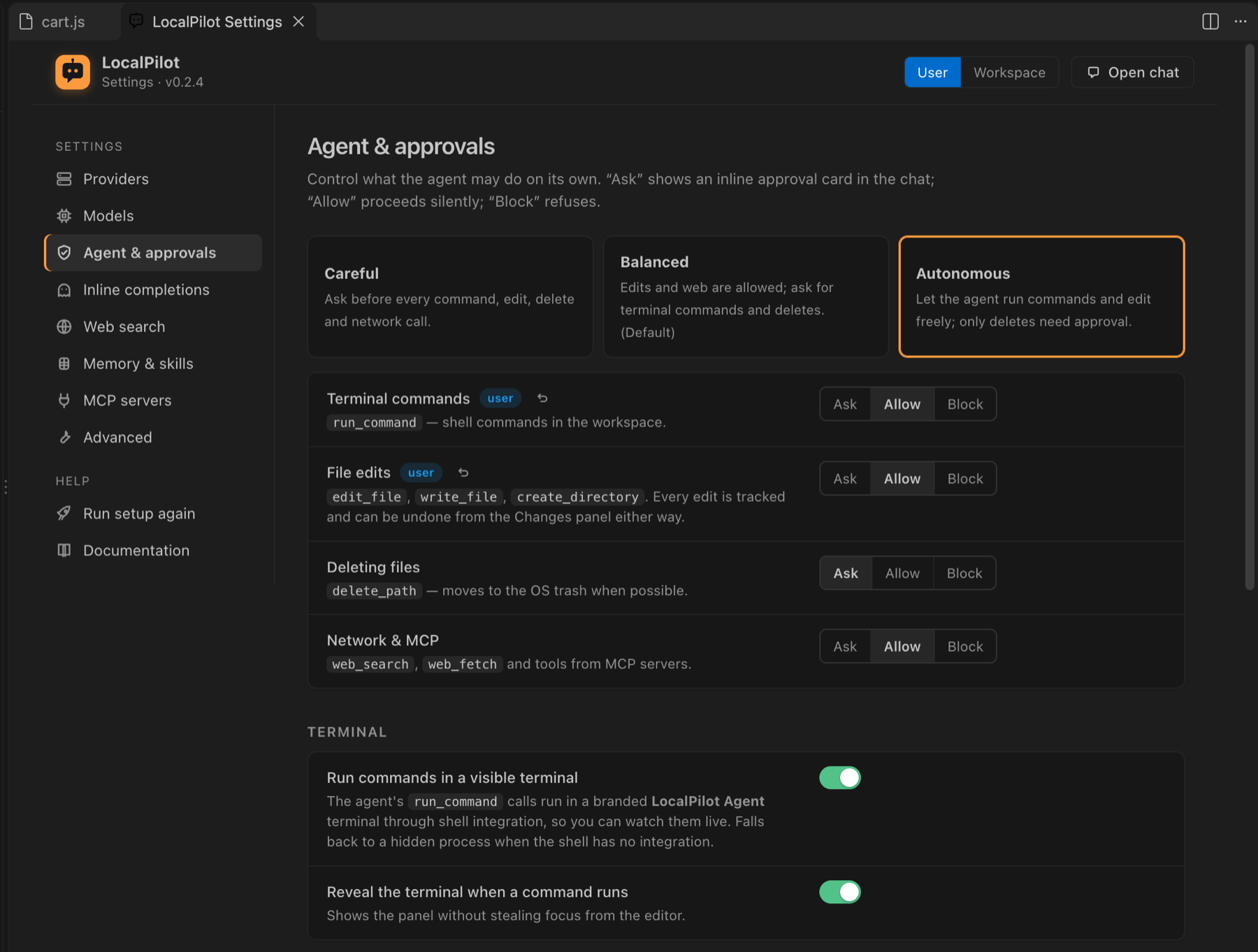 Agent & approvals page with the Careful / Balanced / Autonomous presets and per-action Ask / Allow / Block controls