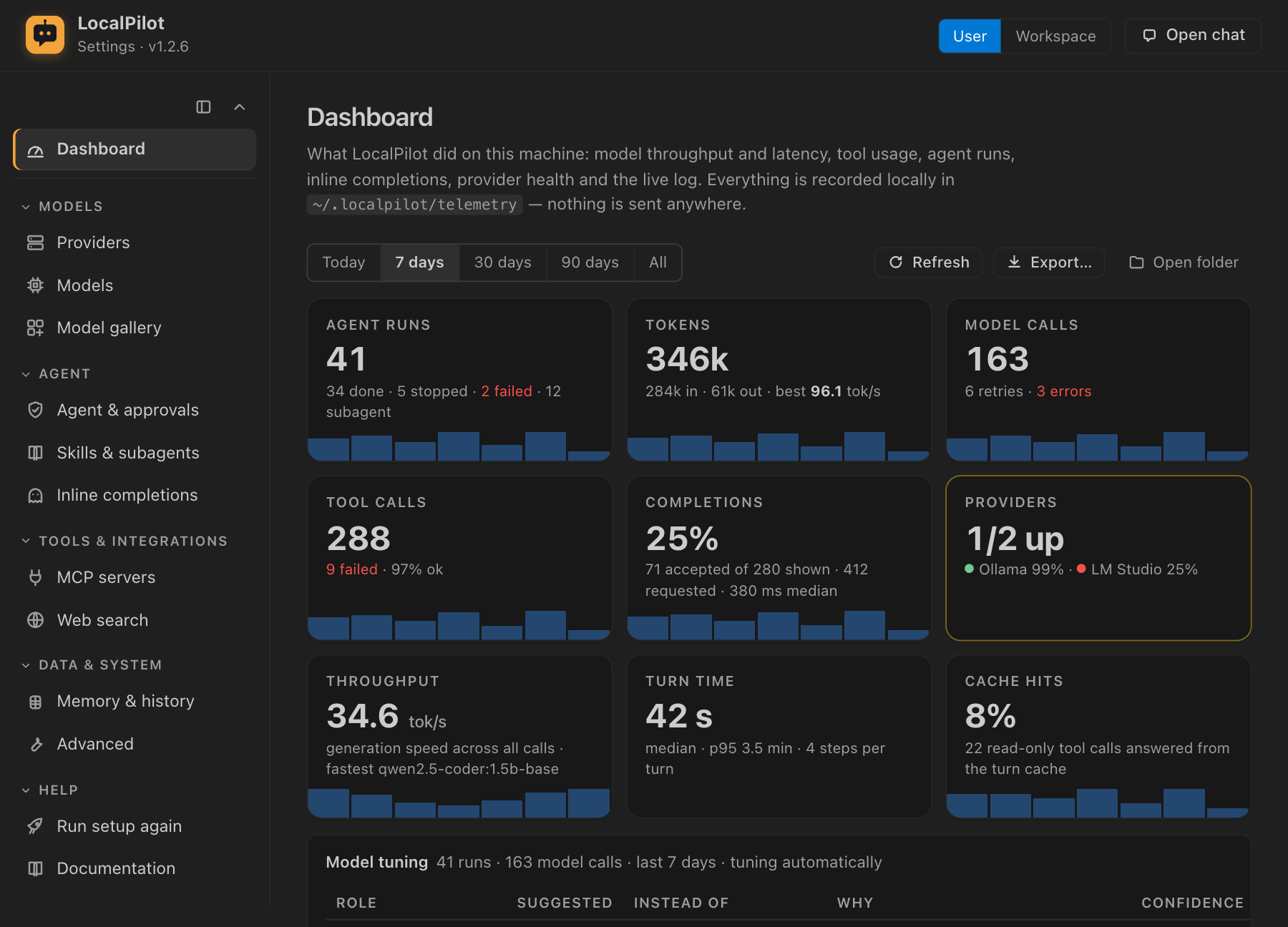 Settings → Dashboard: agent runs, tokens, model calls, tool calls, completion acceptance, provider health, throughput, turn time and cache hits, with daily activity and token charts