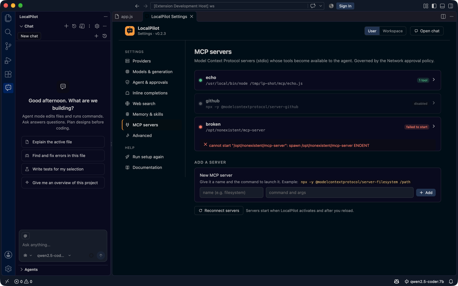 MCP servers page inside VS Code — a connected server with 1 tool, a disabled one, and one that failed to start with the spawn error shown