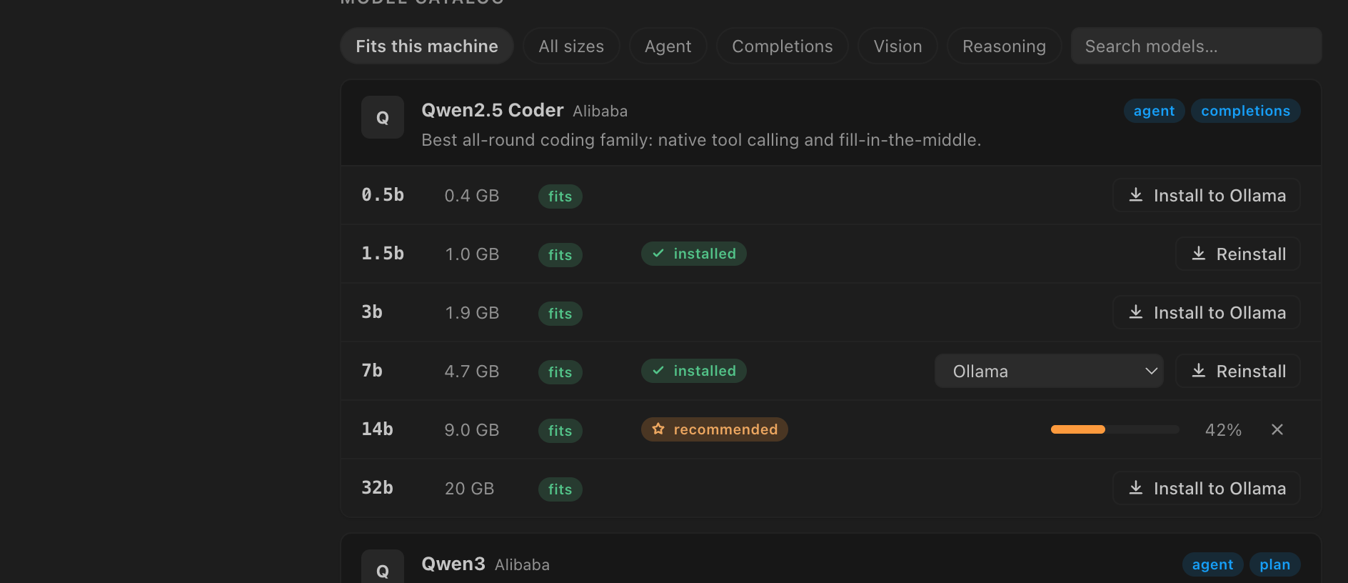 Model catalog: every size of a family marked fits / tight / too big, the recommended size starred, installed sizes ticked, and an Install-to-runtime button or live download progress per row