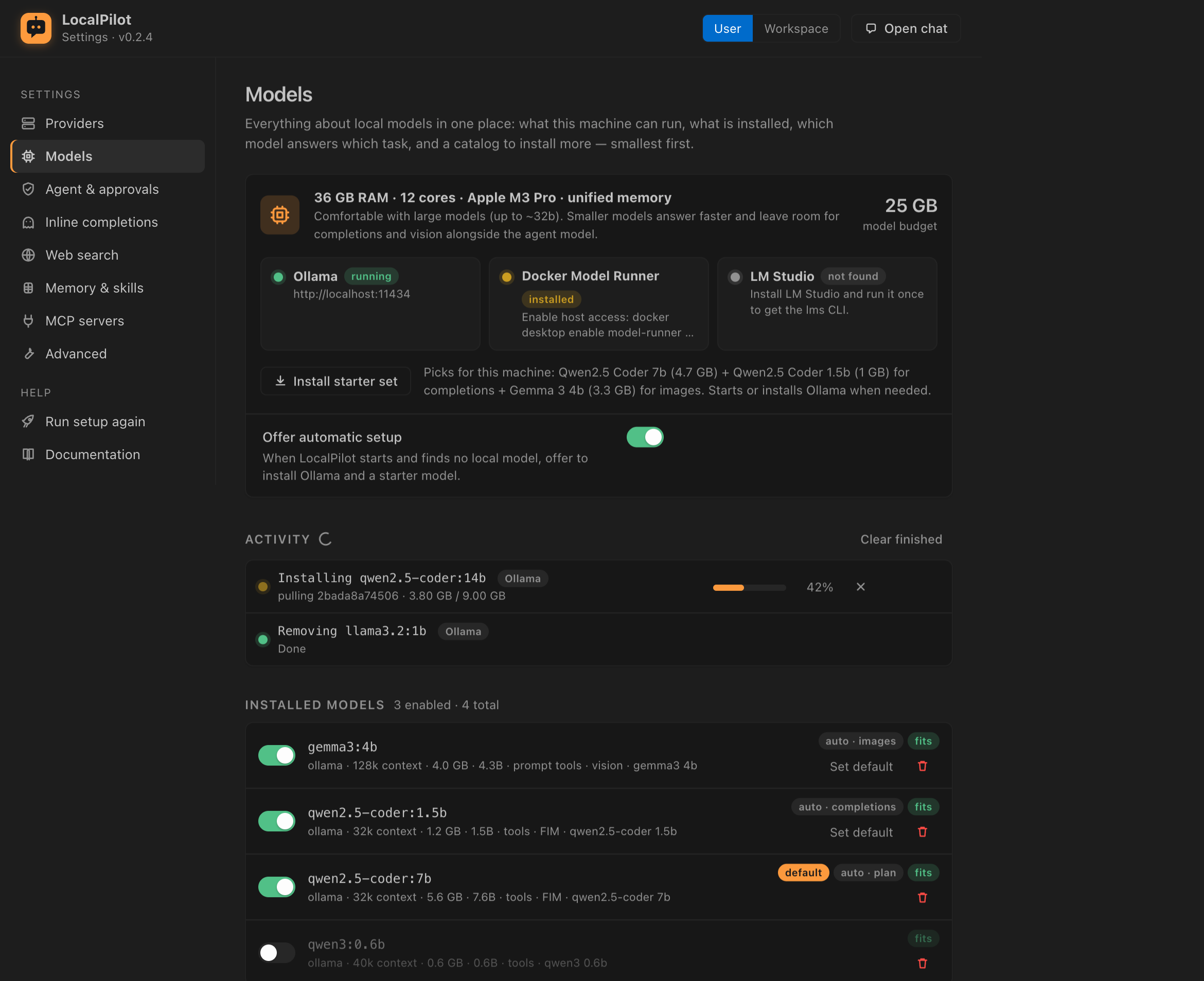 Settings → Models: machine profile with model budget, runtime status, install progress and the installed-model list with enable switches, roles and fit badges