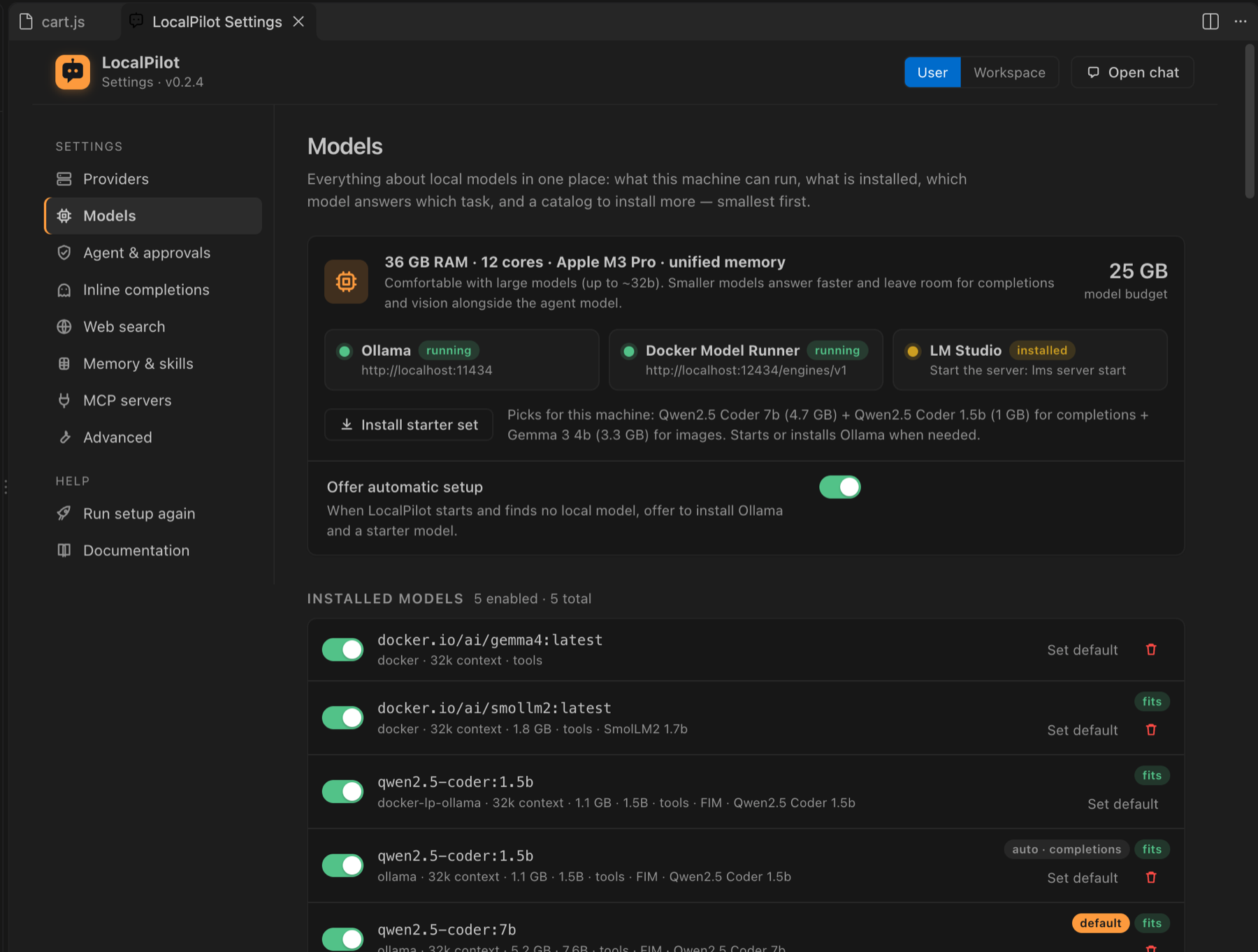 Settings → Models: hardware profile (36 GB RAM, Apple M3 Pro, 25 GB model budget), runtimes Ollama / Docker Model Runner / LM Studio, installed models with fits badges and a default marker