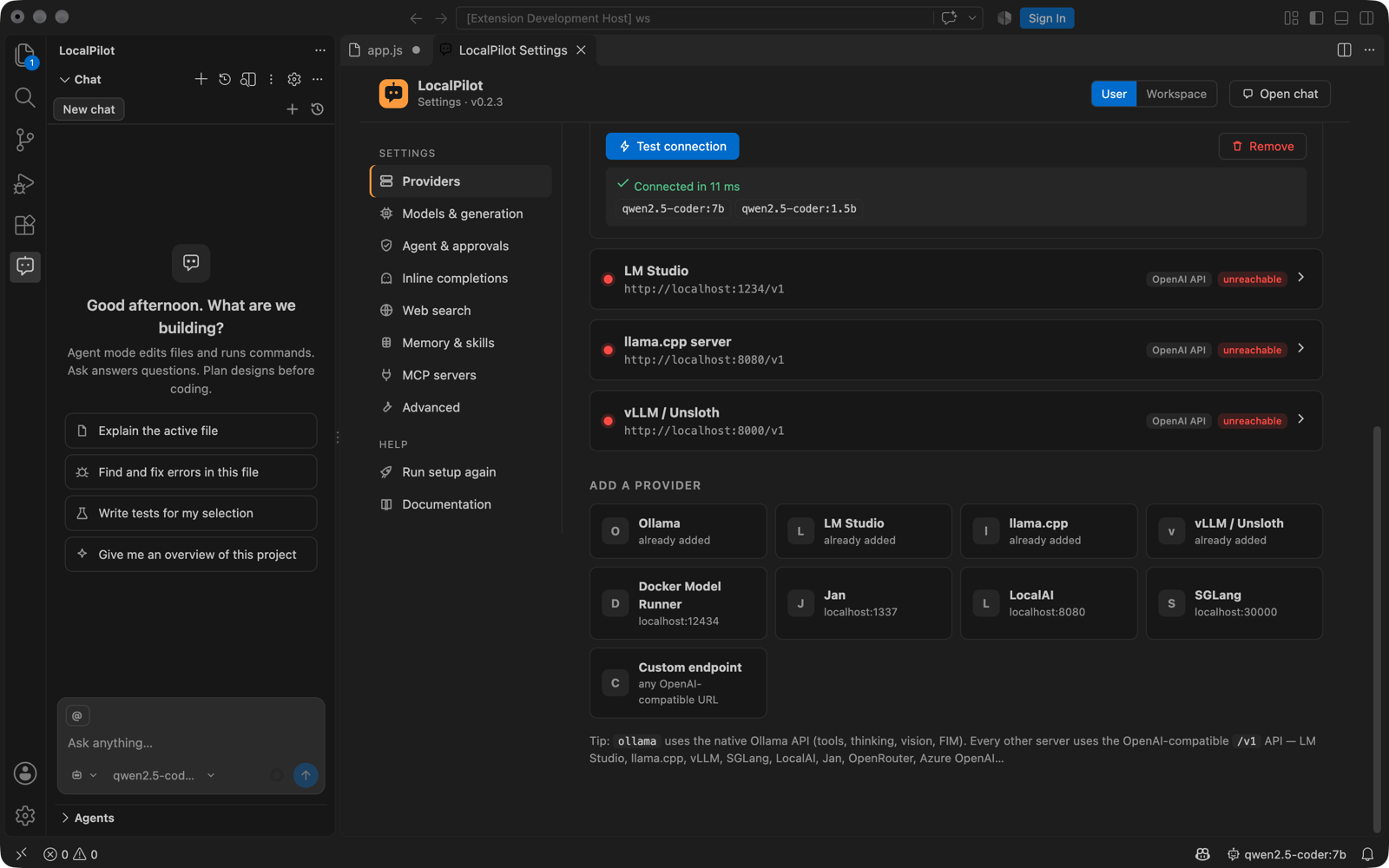 Provider editor with a successful connection test against a running Ollama, listing its models