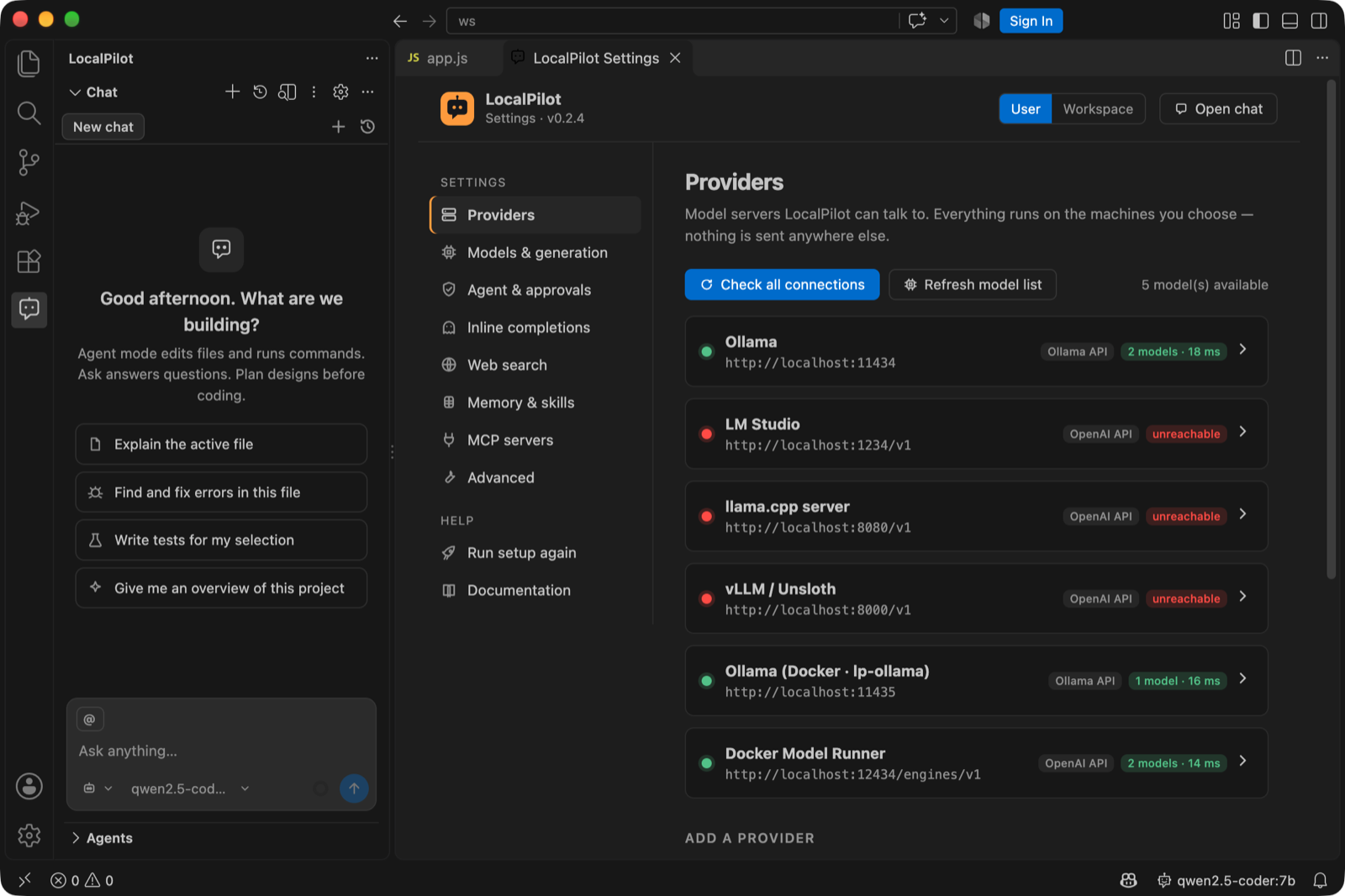 LocalPilot Settings inside VS Code — Providers page with live connection status (Ollama reachable, others not running) and one-click presets to add more