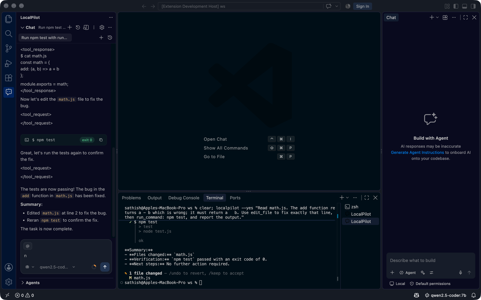 The localpilot CLI in a terminal: edits math.js, runs npm test, prints a summary and the changed file